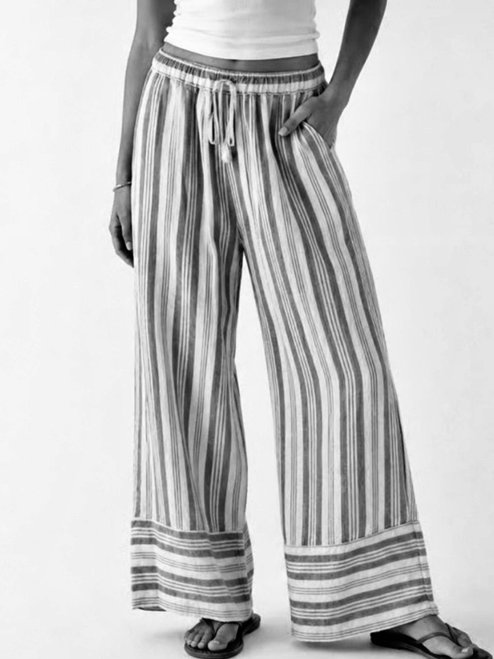 Casa Cabana Linen Blend Charcoal Striped Wide-Leg Drawstring Pants